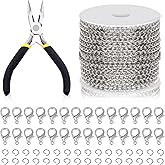 Swpeet 102Pcs White K Color 3mm by 10 Yard Length Jewelry Making Chains Kit with Jump Rings, Lobster Clasps and Jewelry Plier, Necklace Chains Flat Cable Link Chain Bulk Ideal for DIY Jewel Making