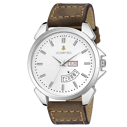 Golden Bell (Label) Prejudice Day and Date Calender Function Chronograph Display White Dial Brown Leather Strap Mens and Boys Watch - 1172GB