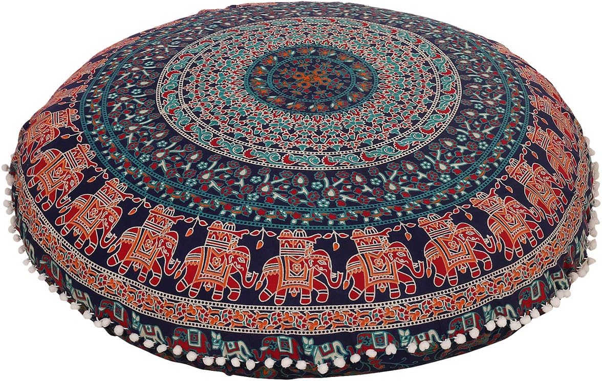 Anokhiart Blue 32" Mandala Barmeri Large Floor Pillow Cover Cushion Meditation Seating Ottoman Throw Cover Hippie Decorative Bohemian Pouf Cover (Navy Blue_)