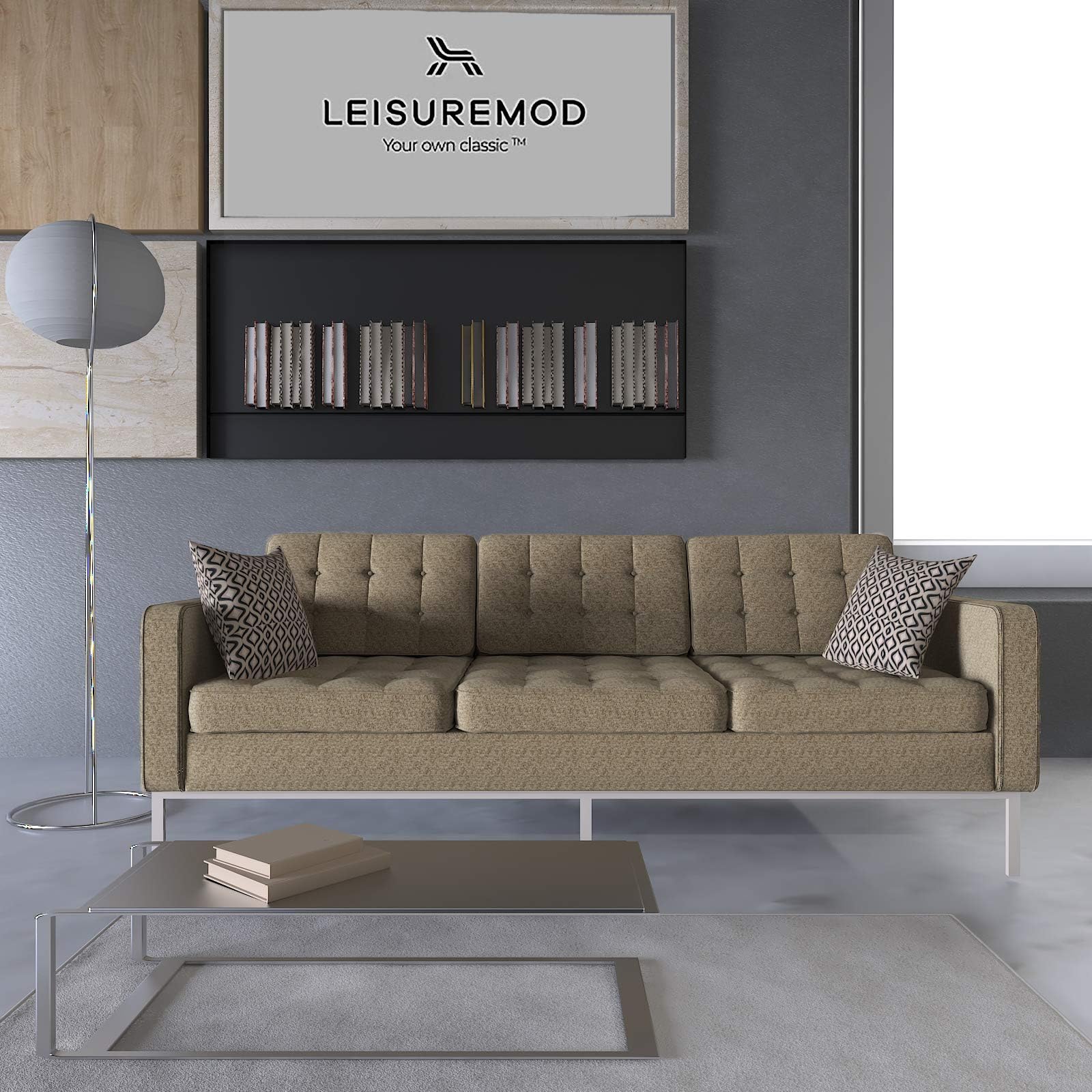 LeisureMod Florence Style Mid Century Modern Tufted Sofa (Oatmeal Twill Wool)