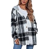 Zontroldy Womens Hooded Shacket Jacket Oversized Casual Flannel Plaid Wool Blend Button Down Shirt Coat Jackets