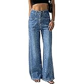 heipeiwa Women's Rhinestone Jeans Wide Leg Flare Denim Pants High Waist Sparkle Shiny Sequin Glitter Trouser
