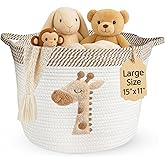 Giraffe Storage Basket for Nursery – Large 15”x11” Cotton Rope Bin with Soft Felt Animal Patch – Toy Organizer, Baby Laundry Hamper, Diaper & Towel Holder – Foldable, Washable & Baby-Safe
