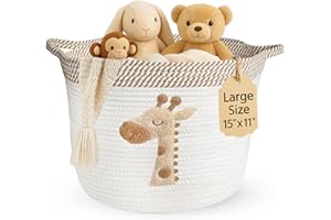 KEMINA BLANKETS Giraffe Storage Basket for Nursery – Large 15”x11” Cotton Rope Bin with Soft Felt Animal Patch – Toy Organizer, Baby Laundry Hamper, Diaper & Towel Holder – Foldable, Washable & Baby-Safe