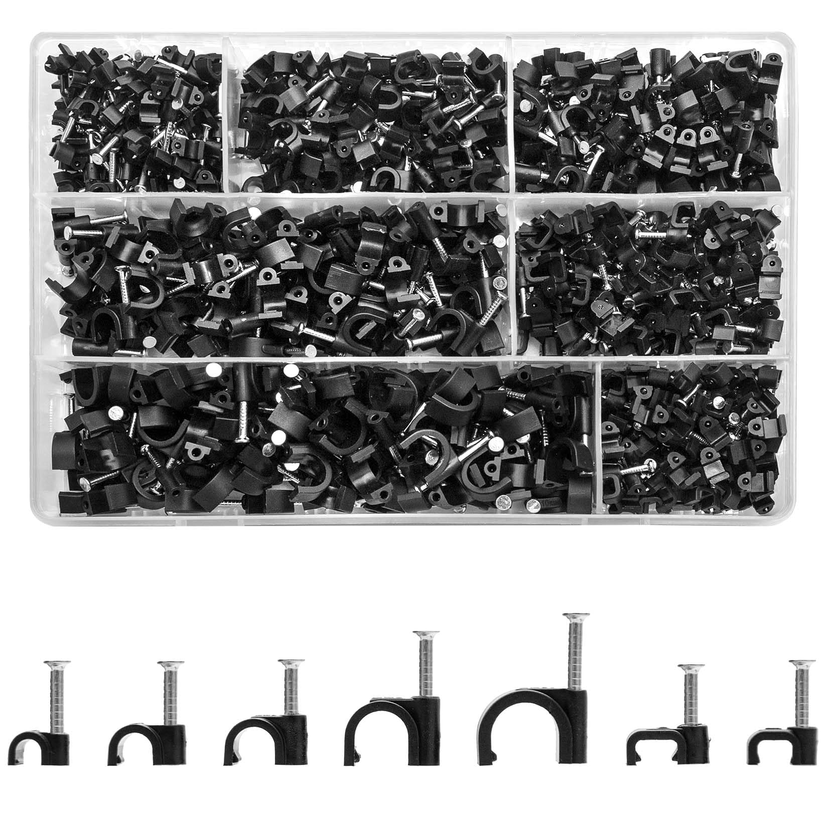 KOXXIAMOQ 700 Round/Flat Cable Clips Black, Cable Wire Nail Clips, Electrical Wall Pins Clip with Steel Nail Tacks, Cables Tidy Clip for Ethernet, 4mm 5mm 6mm 8mm 10mm