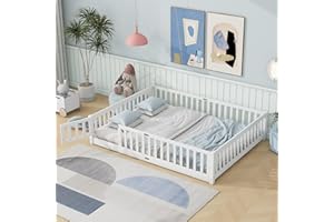 Mirightone Queen Size Floor Bed for Kids, Wood Montessori Floor Beds with Fence Railings, Door & Slats Support, Queen Playhouse Bed Frame for Boys Girls, No Box Spring Needed, White