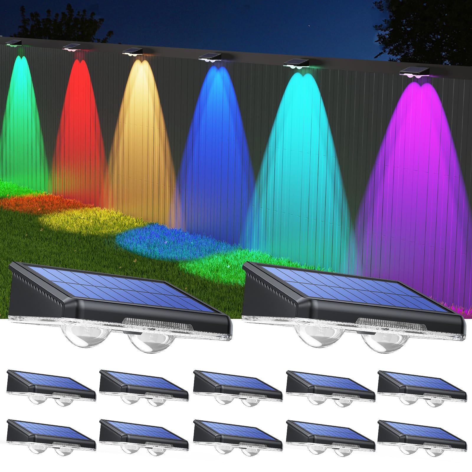 Photo 1 of TECKNET Solar Fence Lights Outdoor 12 Pack, Warm White & 6 Colors & RGB, IP66 Waterproof LED Deck Light, Dusk to Dawn Fence Lights Solar for Wall, Railing, Step, Patio, Pool, Backyard, Outside