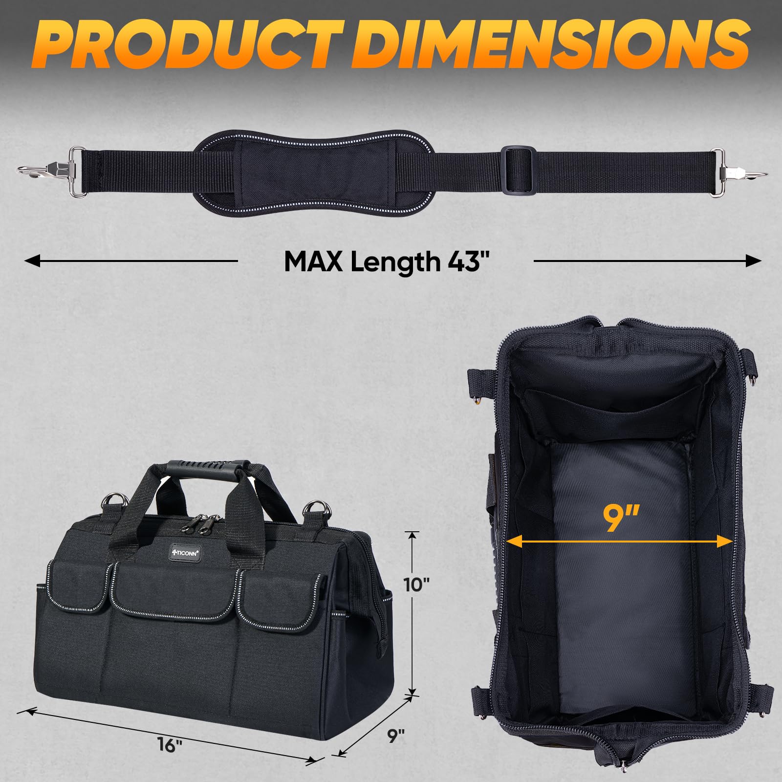 TICONN Heavy Duty Tool Bag with Multi-Pockets, Portable Tool Box Organizer Storage Bag, with Adjustable Shoulder Strap and Ergonomic Handle (Black, 16