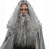 TINVSKQQKJ Gray Wizard Wig Beard Set Halloween, Costume Wig Long Curly for Men Adults Cosplay Party Accessories (Gray Funny Father Time)