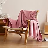 Simple&Opulence Cotton Muslin Throw Blanket 4 Layers for Bed, Couch, Woven Gauze Blanket with Tassels, Soft Lightweight Cozy Pre-Washed Breathable Farmhouse Decoration for All-Season(Dusty Pink)