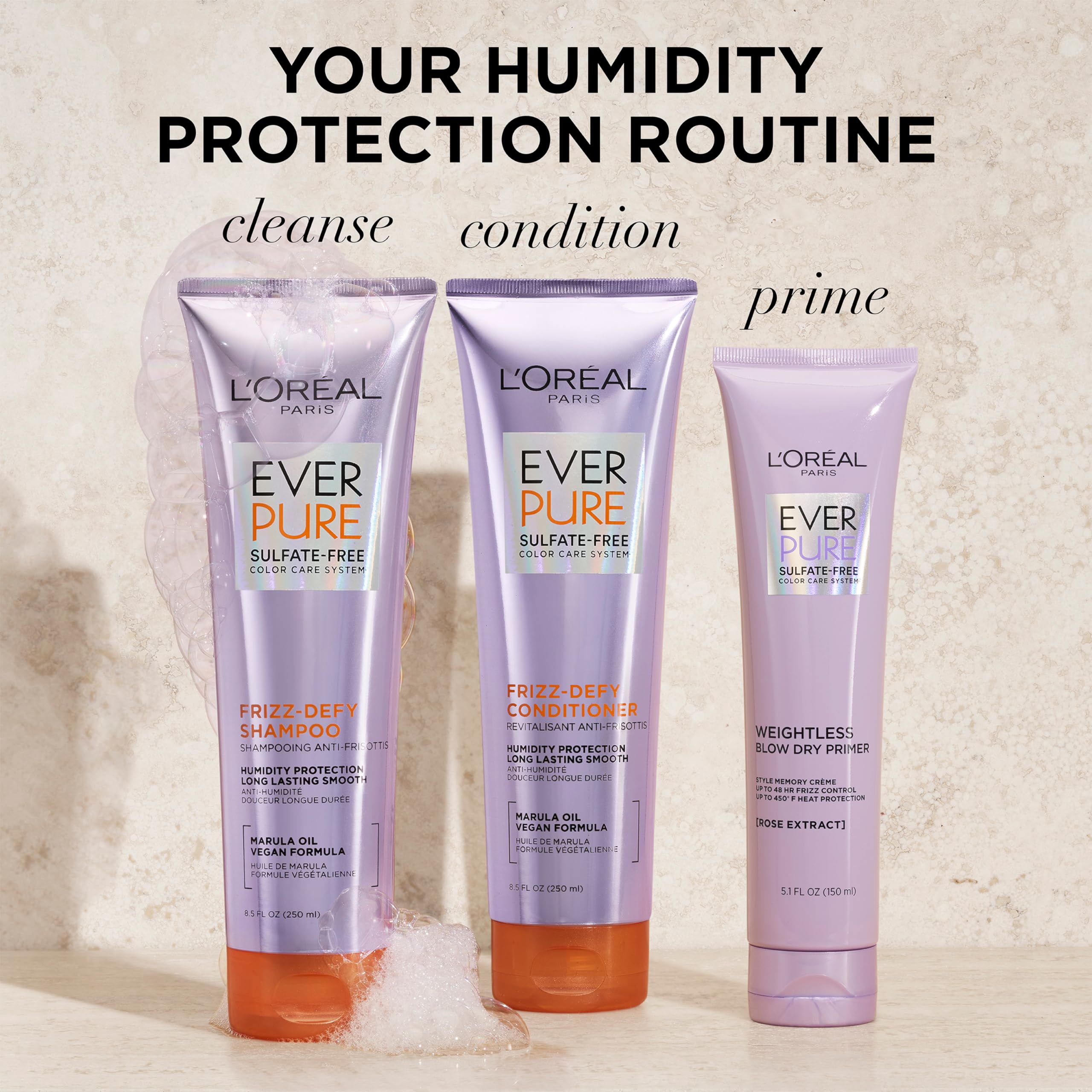 L'Oreal Paris Sulfate Free Frizz Defy Conditioner, Frizz Control Hair Care with Marula Oil, EverPure, 8.5 Fl Oz (Packaging May Vary)
