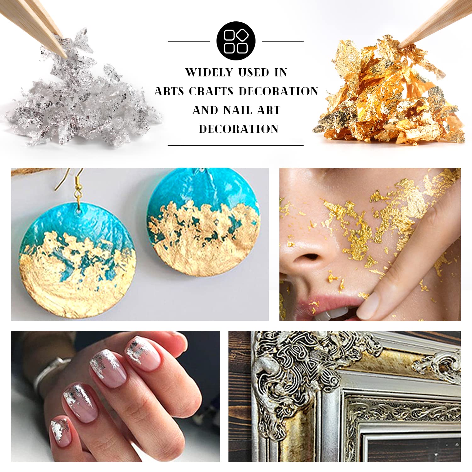 Cobakey 24K Edible Gold and Silver Leaf Flakes for Food Decoration (Cake, Chocolate, Steak, Drink & Cooking) and Spa, 50mg Edible Gold Leaf and 50mg Edible Silver Leaf with Edible Glitter & Tweezers