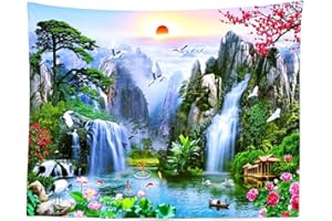 BELECO Fairyland Mountain Lake Tapestry Waterfalls Landscape Painting Nature Tapestry Paradise Tapestry Japanese Tapestry Wal