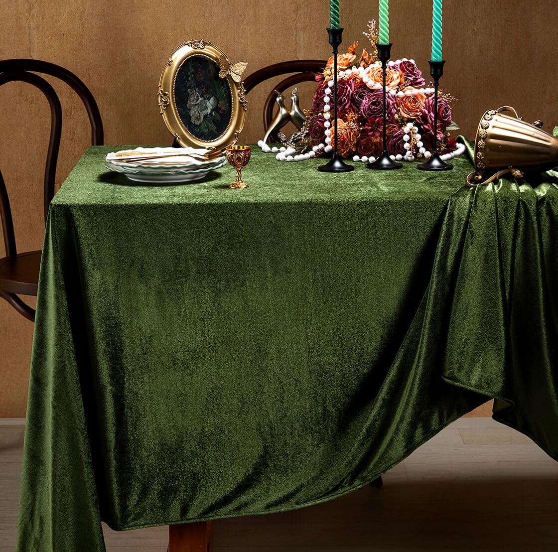 Photo 1 of SoarDream Olive Green Velvet Tablecloth 60 x 102 Inch Lush Panne Rectangular Table Cloth for Banquet Party Wedding Baby Shower Decorations