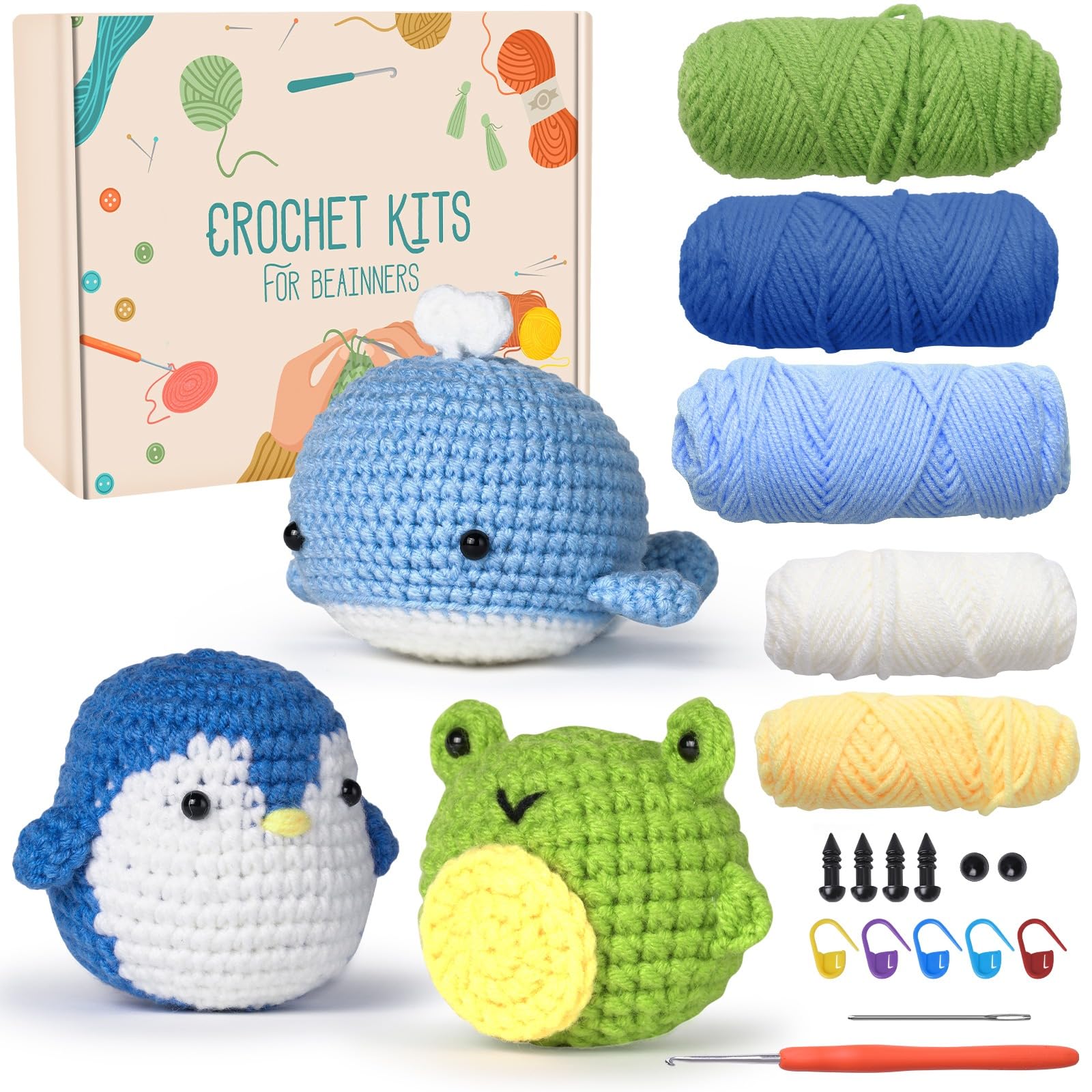 papasgix Beginner Crochet Kit, Complete Animal Crochet Yarn Set, Crochet Knitting Kits for Starters with Crochet Hooks Needles Yarn for Adults Kids DIY Craft Art(Blue+Blue+Green)
