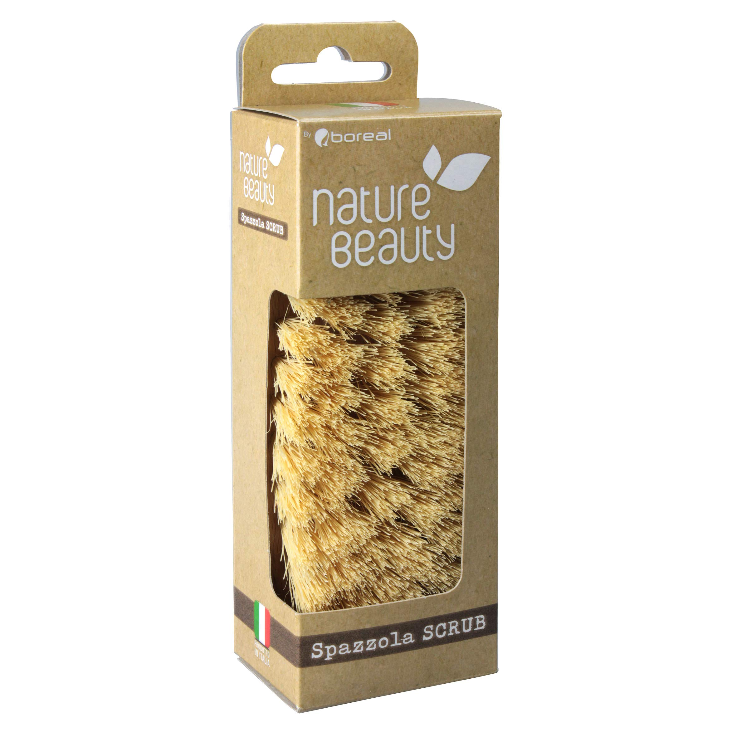 Scrub Brush. Body Brush. Natural bristles in Tampico. Excellent for Imperfections, Cellulitis and Water Retention. Improves Circulation with exfoliating Action. 15,5 cm x 6 cm x 4,5 cm