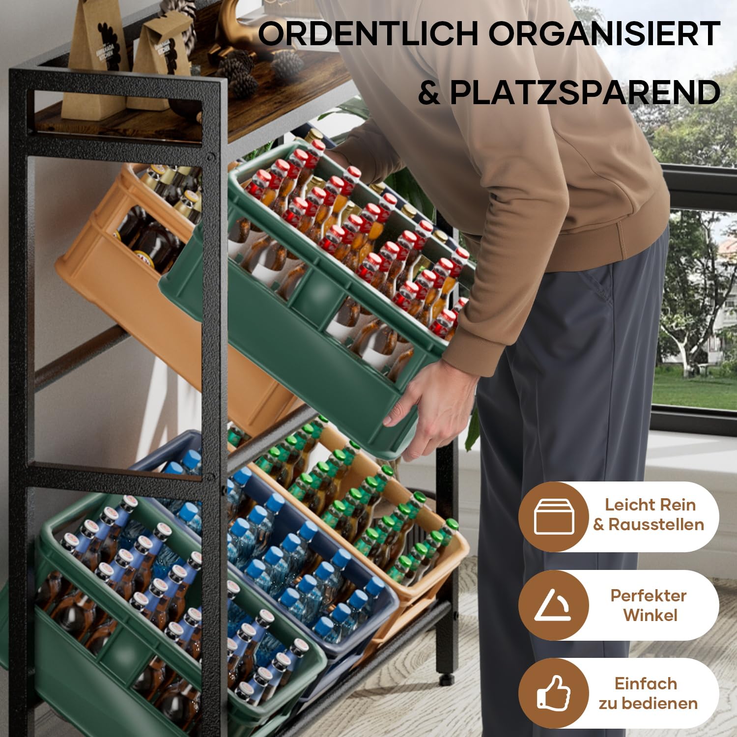 Getränkekistenregal 6 Kisten mit Ablage,33D x 104W x 115H cm Getränkeregal,Stabiler Metall Regal Getränkekisten,Freistehend Bierkisten Regal für Küche Keller Garage,Kistenregal Rustikales Braun 5