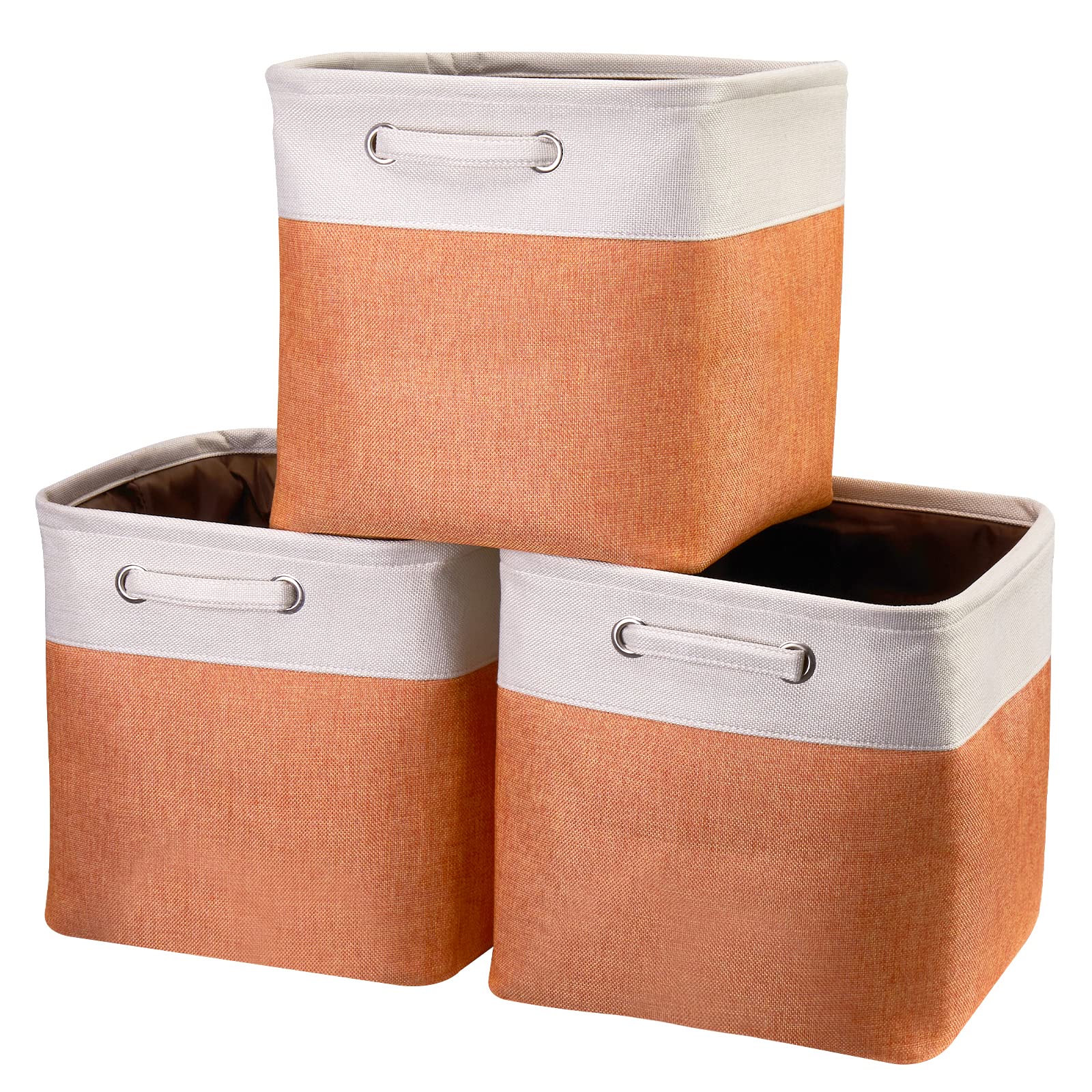 Fabric Cube Storage Boxes Foldable Storage Bins 13-Inch Orange and Beige Patchwork Storage Baskets Cube Storage Bins with Handle Cube Inserts Storage for Home and Office Supplies 3 Pcs/Pack, Sy-1