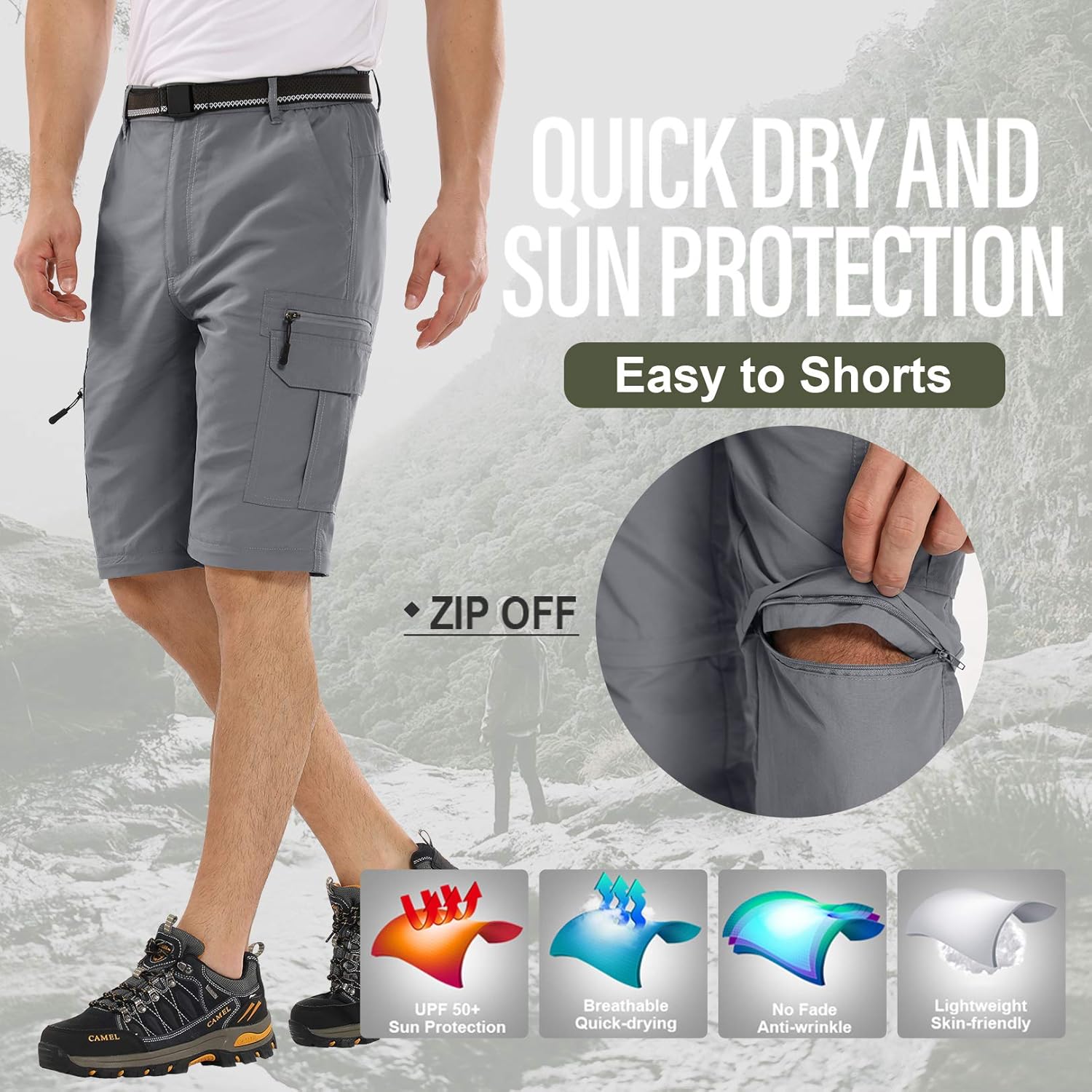 Mens Hiking Fishing Pants, Lightweight Quick Dry Zip Off UPF 50+ Outdoor Travel Safari Pants: Clothing