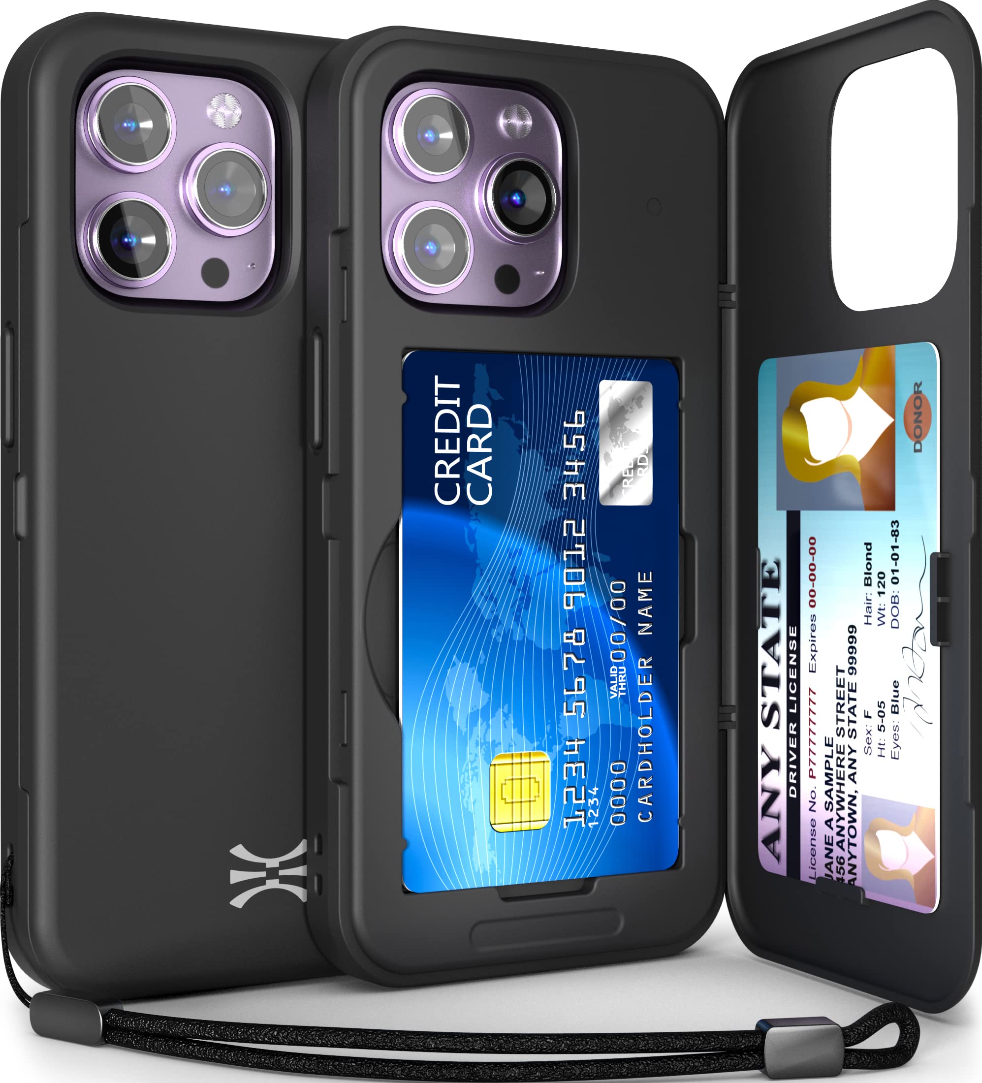 TORU for iPhone 14 Pro Max Wallet Case with Card Holder, Hidden ID Credit Card Slot Flip Kickstand, Slim Fit Shockproof Heavy Duty Phone Cover with Strap - Black