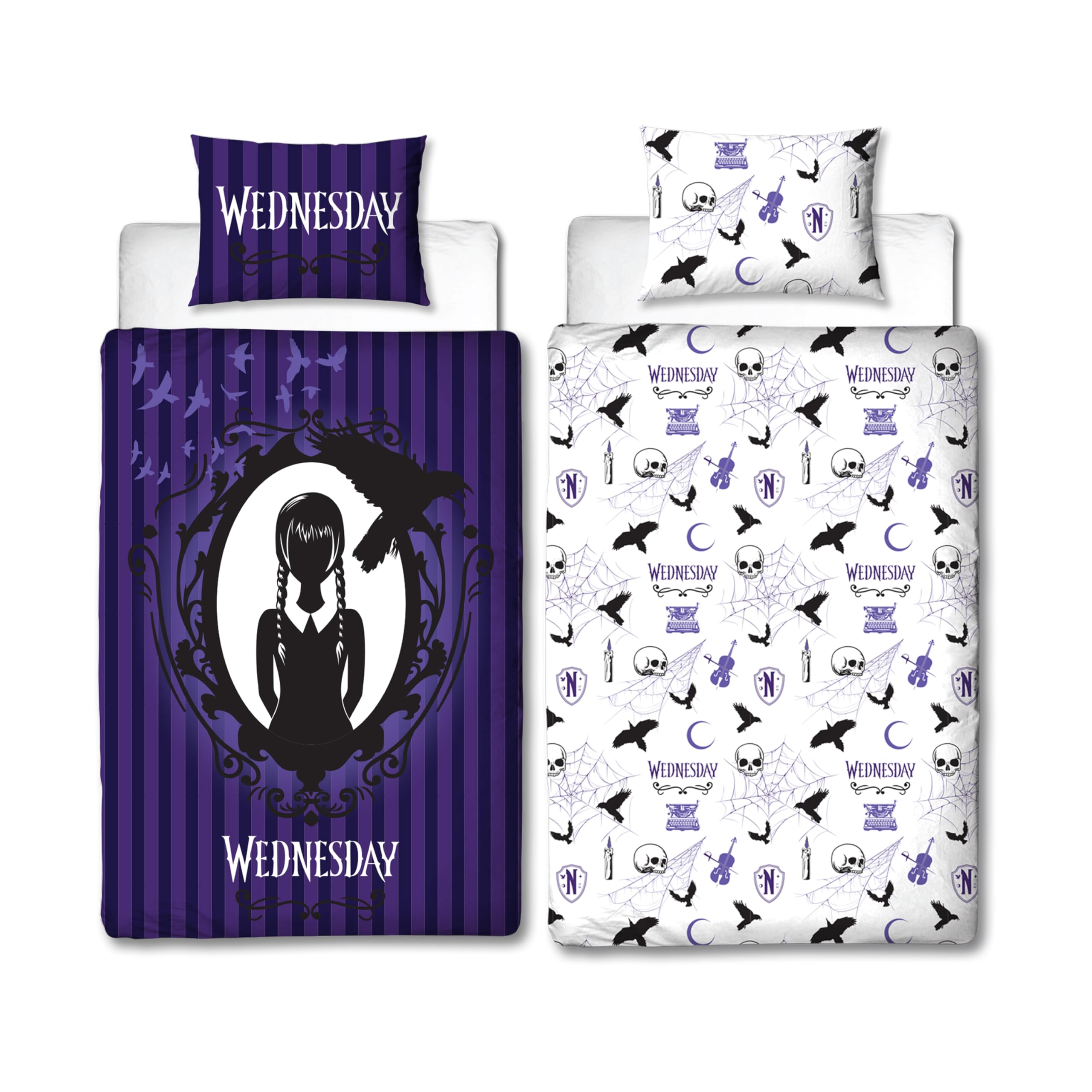 Character World Wednesday Official Single Duvet Cover Set | Destined Design Reversible 2 Sided Bedding Including Matching Pillow Case Single Bed Set | Purple Polycotton, Twin