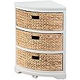 eHemco Hampton Meadows 3 Tier X-Side Corner Table Storage Cabinet with 3 Wicker Baskets, White