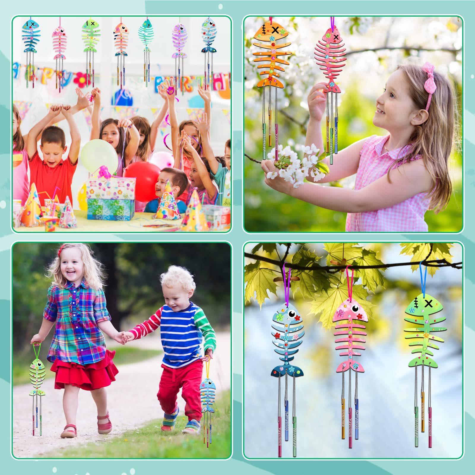 Fennoral Day of The Dead Wind Chime Kit - 9 Pack Skull Head Wooden DIY Craft for Kids, Halloween Party Decoration