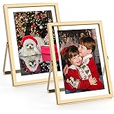 Golden State Art 2 Pack 5x7 Inch Metal Picture Frames for 4x6, 3x5 Floating Photos, with Real Glass and Pull-Out Easel Stand for Tabletop Display (Vertical) - Light Gold