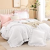 Litanika White Comforter Full Size Sets, 3 Pieces Ruffle Shabby Chic Farmhouse Women Vintage Aesthetic Bedding Set & Collections, Winter Fluffy Bedding Set as Gift (79x90In Comforter & 2 Pillowcases)