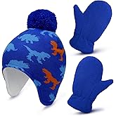 Syhood Kids Baby Winter Hat and Gloves Set Toddler Boys Knitted Beanie with Earflap Fleece Dinosaur Cap Gloves