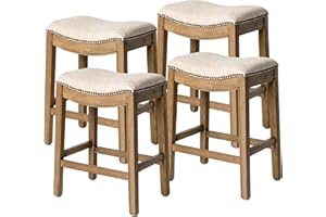 Maven Lane Adrien 26 Inch Counter Height Upholstered Backless Saddle Barstool in Natural Wood Finish with Wheat Cream Fabric Cushion Seat, Set of 4