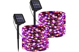 DAYLIGHTIR Solar Powered String Lights Outdoor, Purple Orange 2 Pack Total 200 LED 66FT Solar Powered Halloween Decorative Fairy Lights 8 Modes Black Wire for Halloween, Garden, Patio, Party, Yard, Christmas