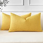 OTOSTAR Pack of 2 Throw Pillow Covers 12x20 Inch Linen Yellow Pillowcases Farmhouse Decorative Solid Pillow Covers 30x50 cm Lumbar Cushion Case for Home Decor Sofa Couch Bed (Yellow)