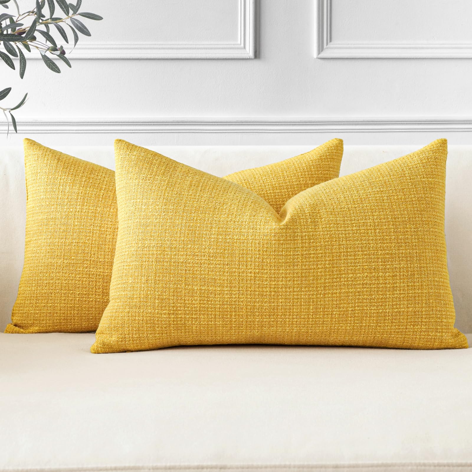 JOTOM Set of 2 Cushion Covers 30x50 cm Linen Yellow Decorative Throw Pillow Covers 12x20 Inch Lumbar Cushion Case Home Decor Pillowcases for Couch Sofa Living Room Bed (Yellow)