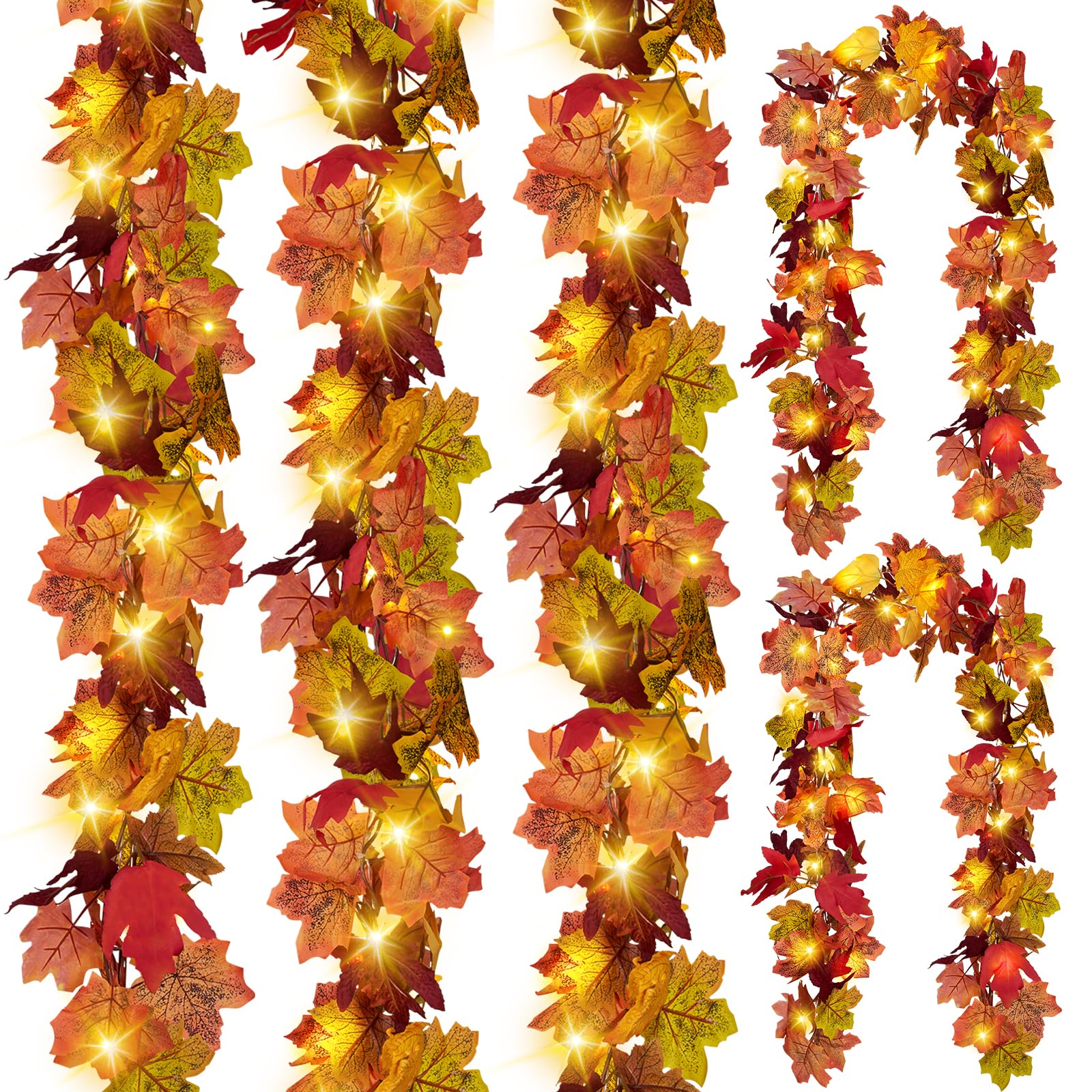 Photo 1 of CQURE 5 Pack Fall Leaf Garland with Lights, Total 29.5 Ft Lighted Fall Vines Autumn Garland Artificial Maple Fall Leaves Thanksgiving Decor for Home Wedding Fireplace Party