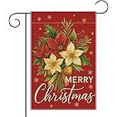 12 x 18 Inches Merry Christmas Poinsettia Garden Flag Decorations, Double Sided Vertical Holiday Yard Flag with Red and White Flowers, Gold Bow, and Holly Berries, Indoor Outdoor House Patio Décor Party Supplies