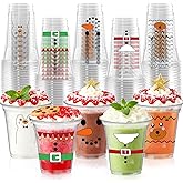 HABDJILTY 50 Pcs 12 OZ Christmas Plastic Cups Santa Snowman Elk Elf Disposable Drinking Cups for Xmas Winter Holiday Party Decorations Supplies (5 styles)
