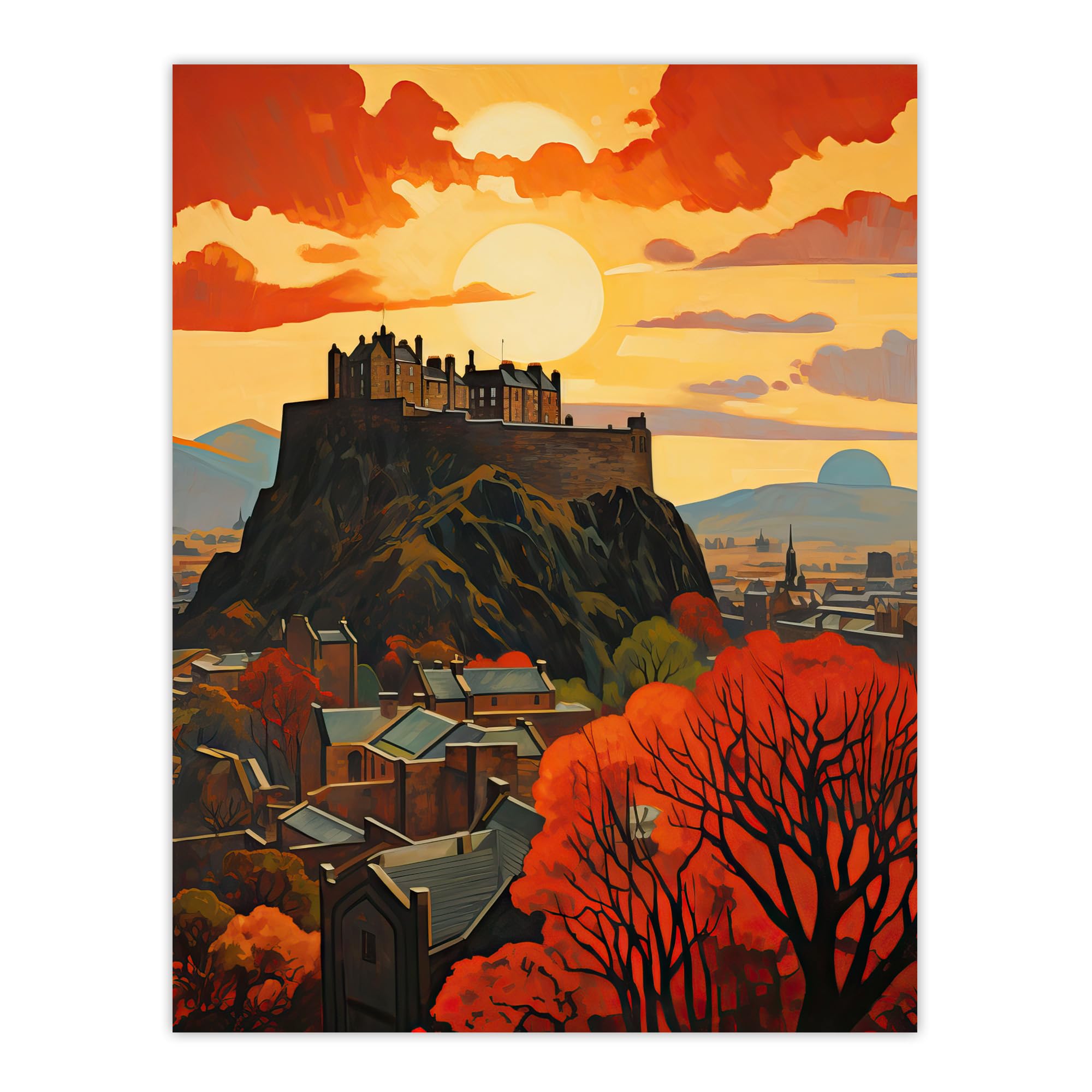 Artery8 Edinburgh Castle Oil Painting Twilight In Autumn Cityscape Extra Large XL Wall Art Poster Print