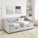 SmartDer Wood Twin Daybed, Day Bed Frame with 2 Storage Drawers, Upholstered Twin Bed Frame Sofa Couch with Button and Nailhead Design for Bedroom Guest Room, No Box Spring Needed, Beige