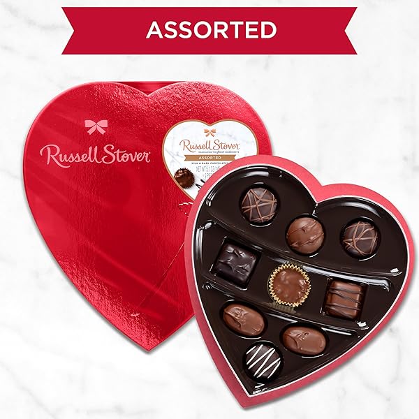 RUSSELL STOVER VALENTINE’S DAY RED FOIL HEART ASSORTED MILK & DARK CHOCOLATE GIFT BOX, 5.1 OZ. (9 PIECES)