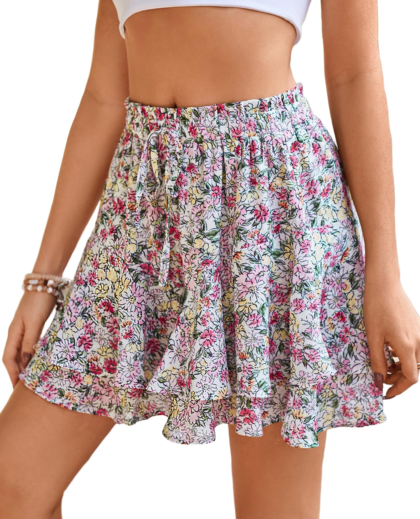 Beach Shorts for Women Summer Fashion Ruffles Skater Mini Skirts for Cruise Wear Floral Pink L