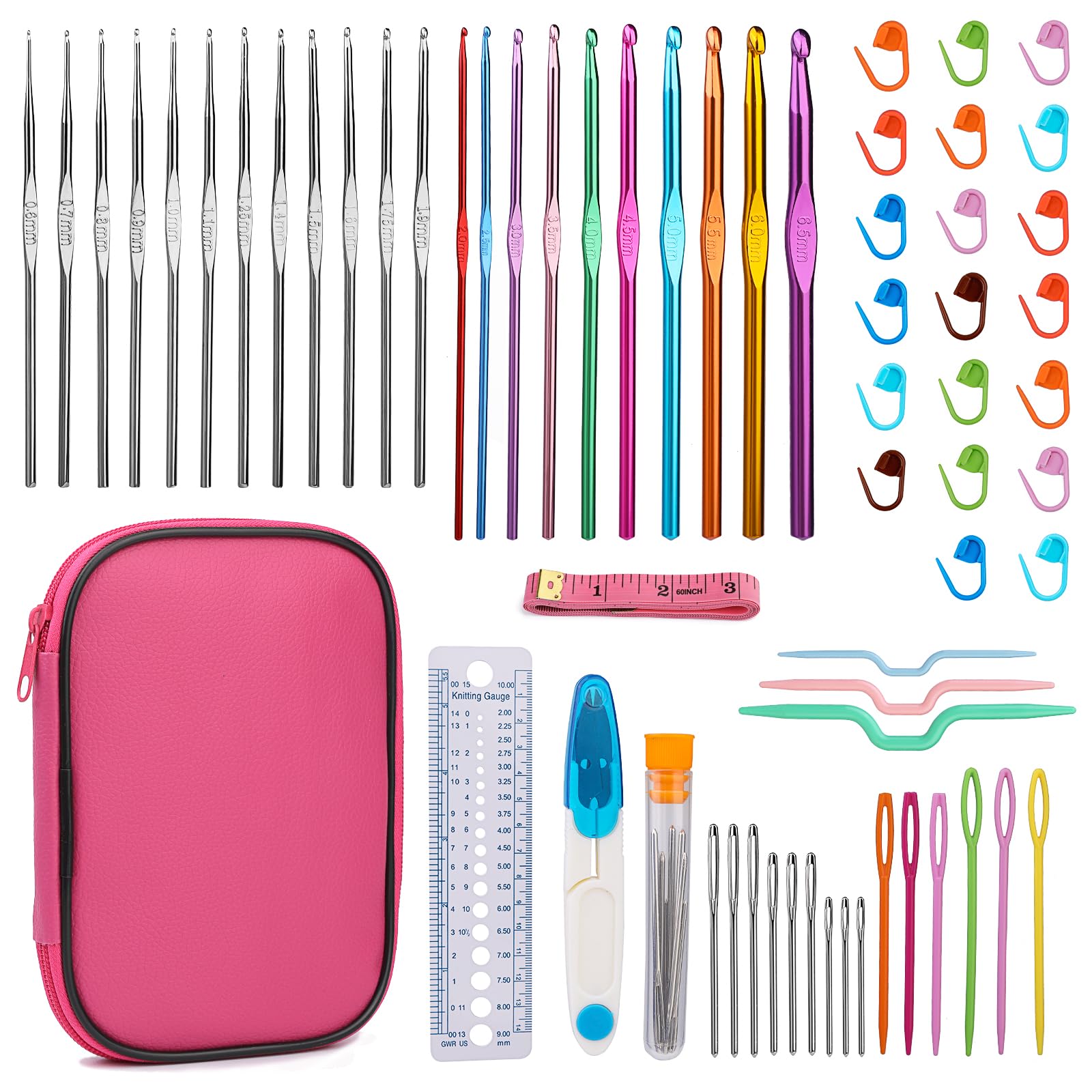 Crochet Hook Set, 60 Pcs Crochet Needles Set with Storage Case, Ergonomic Crochet Kit with Hand Sewing Needles for Arthritic Hands and Craft Art