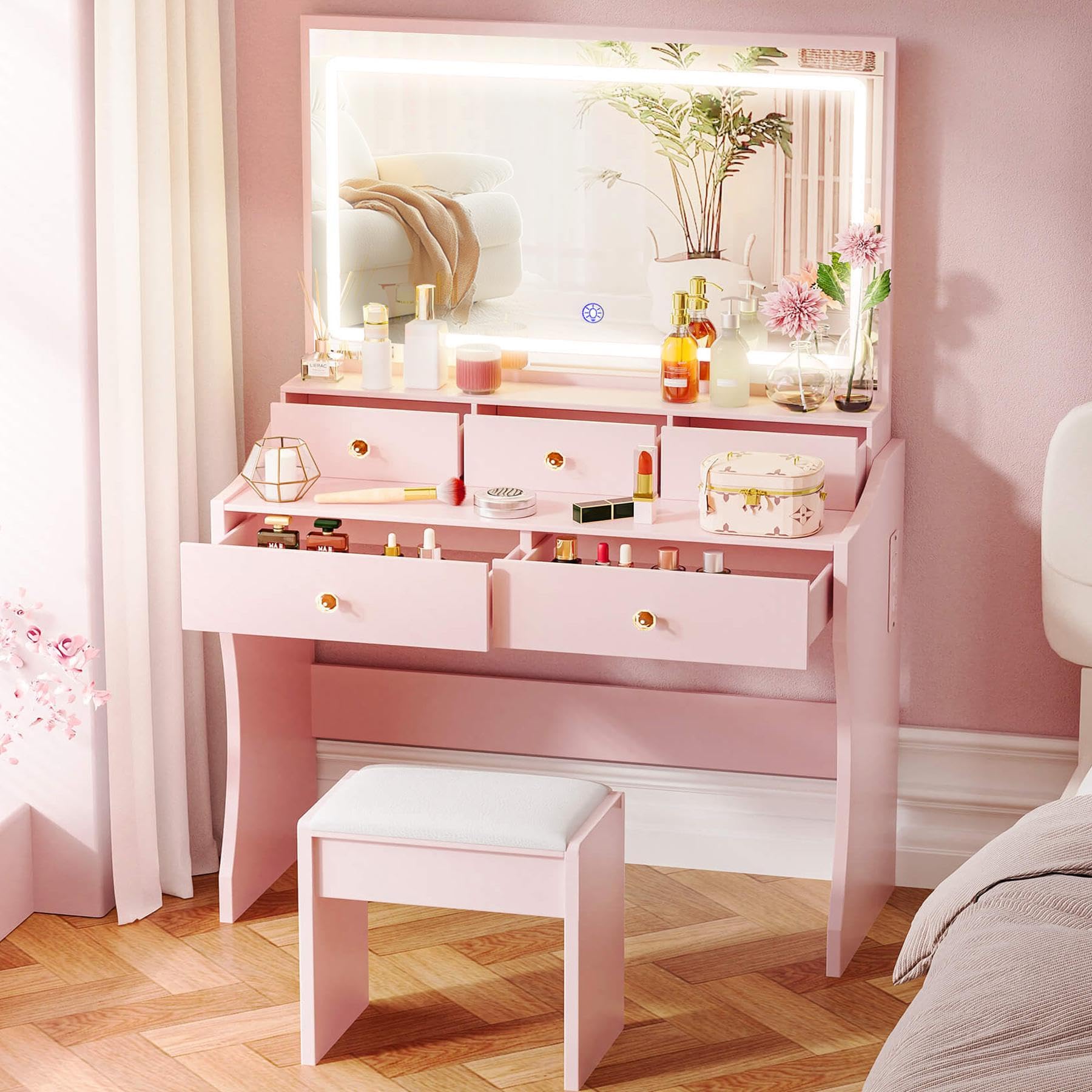 Photo 1 of COMHOMA Makeup Vanity Desk with Mirror and Lights, Vanity Table and Chair Set with 5 Drawers and Charging Station, Bedroom Dresser LED Mirror Stepless Dimmable & 3 Color Modes Adjustable, Pink