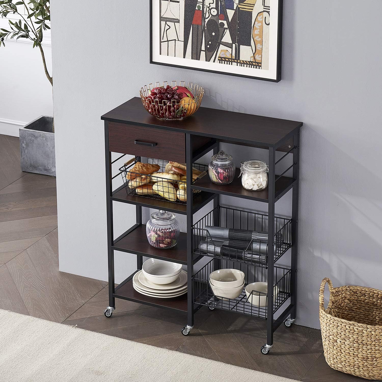 VECELO Kitchen Baker's Rack 36.6" Storage Shelf Organizer, Microwave Oven Stand, Utility Cart on Wheels, Black Walnut: Home & Kitchen