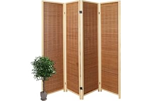 ECOMEX Room Divider 4 Panel Woven Bamboo Screen, Room Divider and Folding Privacy Screens, Freestanding Hand-Woven Room Partitions for Bedroom, Natural&Brown