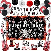 Crenics Rock and Roll Birthday Party Decorations - Happy Birthday Backdrop, Born to Rock Banner, Swirls, Honeycomb, Paper Pom Poms and Balloons for Star Music Decorations