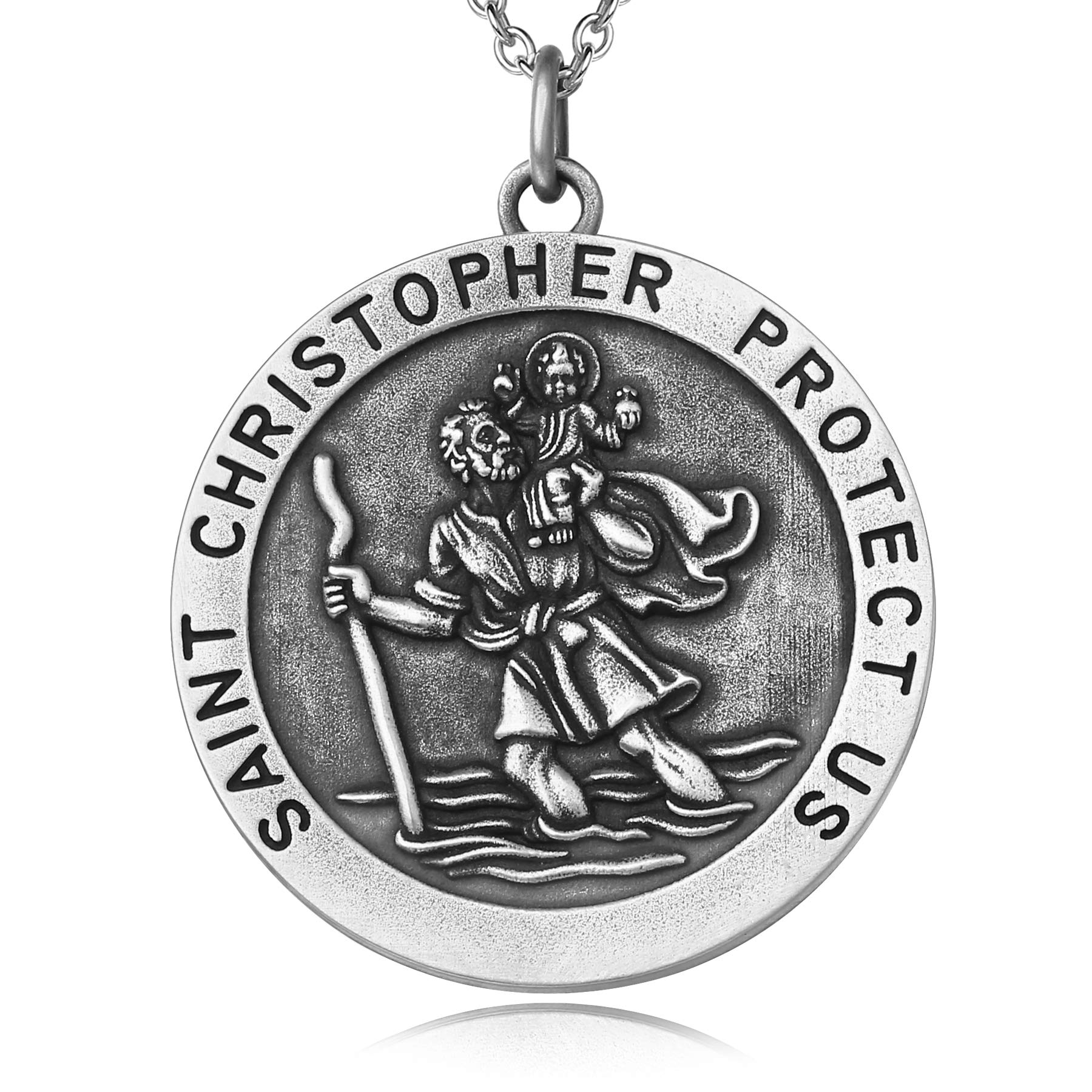 Miaofu Men Silver Necklace St Christopher Necklace St Christopher Medal Pendant,Patron Saint Guardian Protect Us Necklace 925 Sterling Silver,Religious Protector Talisman Pendant for Men Women