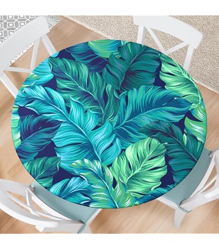 Nappe Ronde élastique Imperméable - Motif Fleurs Bleues, Taille Pour Tables 101-112cm, Polyester, Lavable Machine