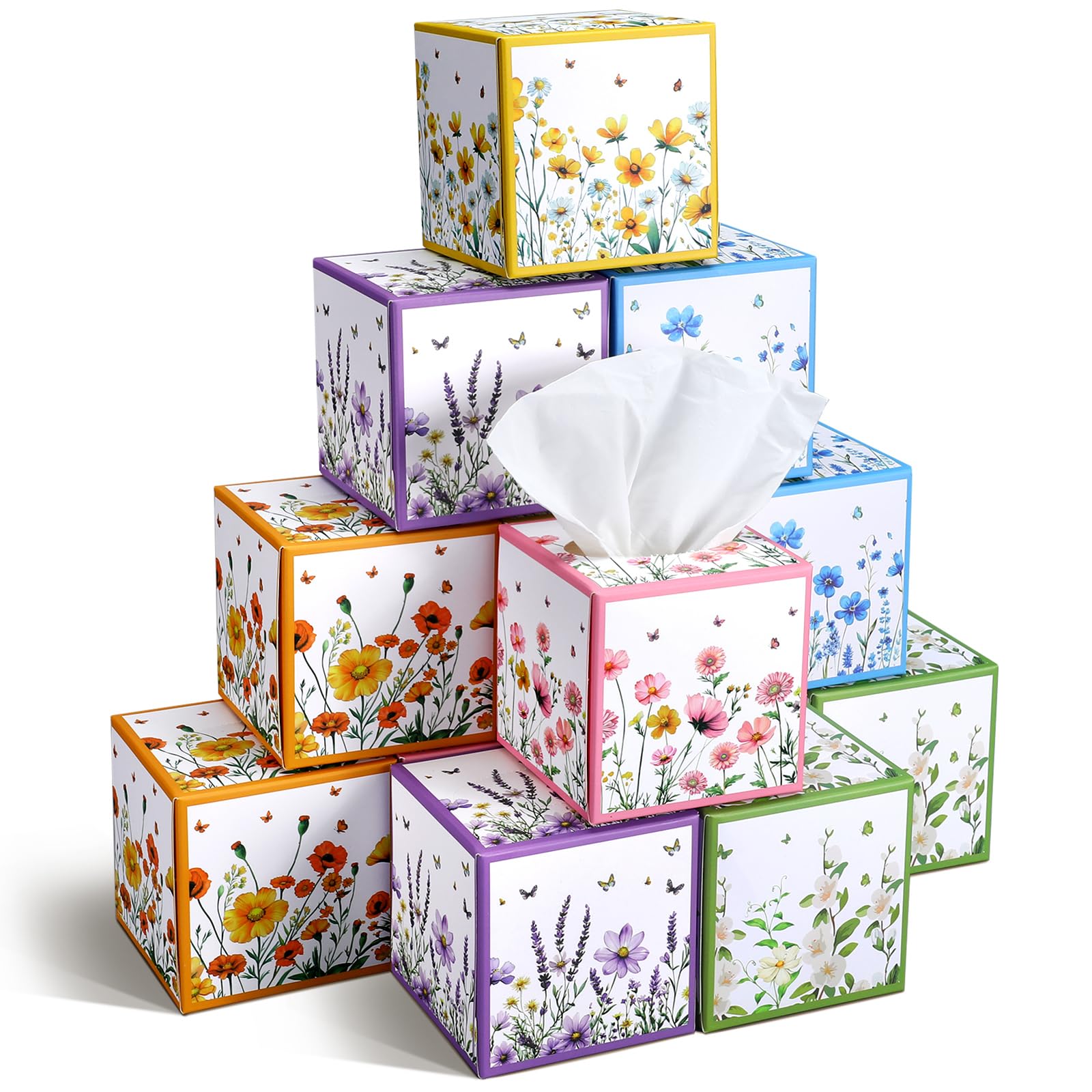 Photo 1 of Fourluoo 12 Pack Summer Floral Facial Tissues Cube Boxes 600 Sheets 3 Ply Small Square Wildflowers Face Tissues Bulk for Summer Car Bedroom Supplies