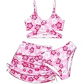 Girls Swimsuits 3 Piece Bathing Suit Allover Printed Criss Cross Bikini Set with Cover Up Skirt Beach Swimwear 7-16 Years